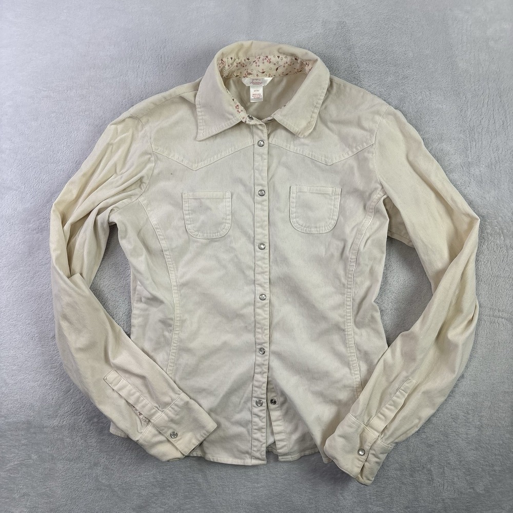 Y2K Arizona Jeans Beige Pearl Snap Long Sleeve Corduroy Shirt Women's M